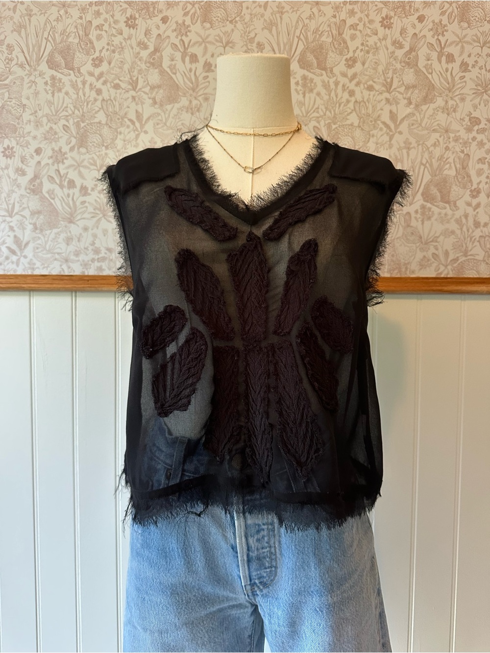 Free People Black Sheer Textured Appliqué Top – Approx. Size Small - Picture 2 of 6